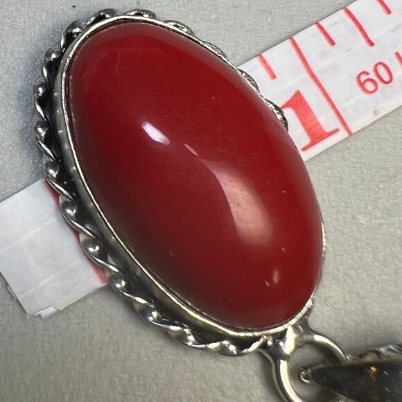 Red Coral Oval 925 Pendant on Necklace Choker Torque 925 Twisted Collar - Picture 6 of 6